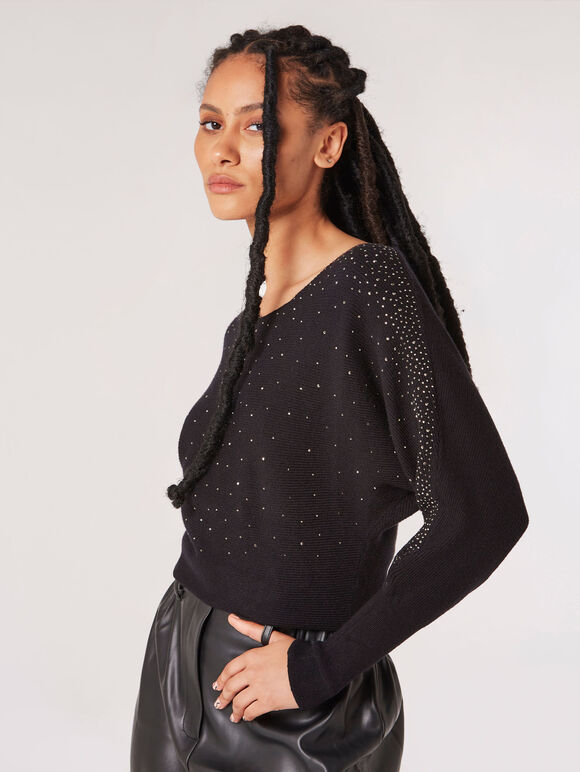 Batwing Sleeve Studded Jumper, Black, large