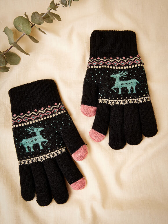 Reindeer Fair Isle Knitted Gloves, Assorted, large