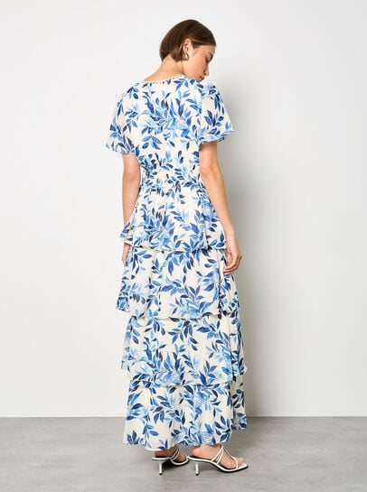 Watercolour Leaves Chiffon Tiered Maxi Dress
