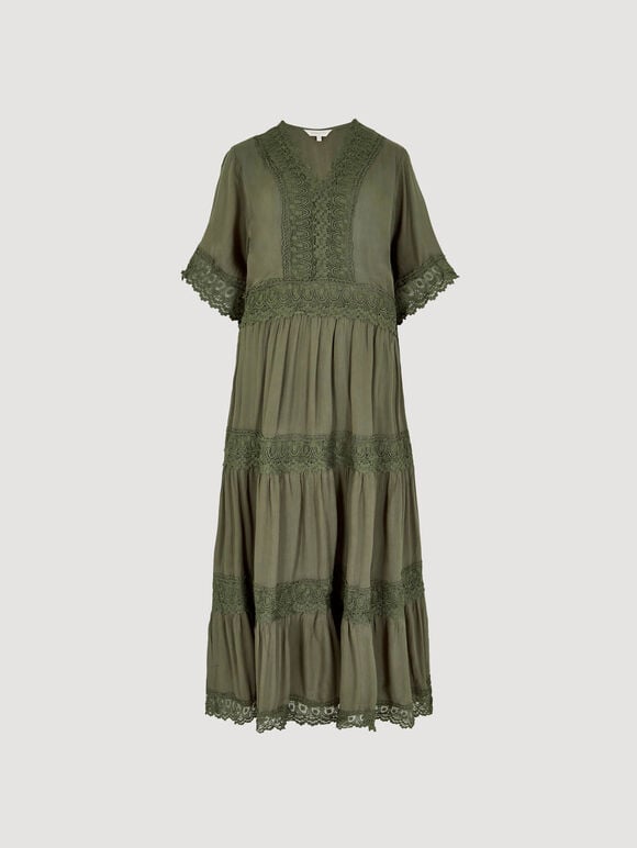 Crochet Detail Tiered Maxi Dress, Khaki, large