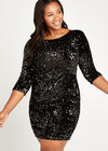 Sequin Bodycon Long Sleeve Dress+, Black, large