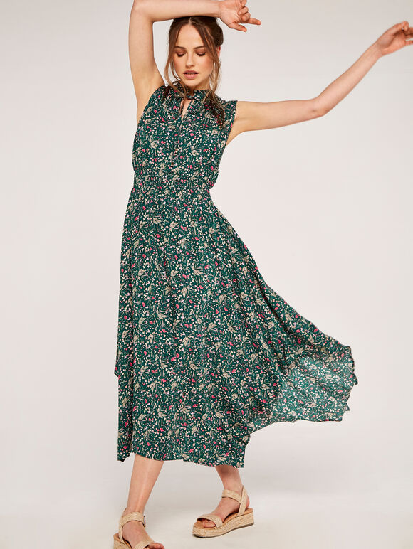 Floral Hanky Hem Midi Dress, Green, large