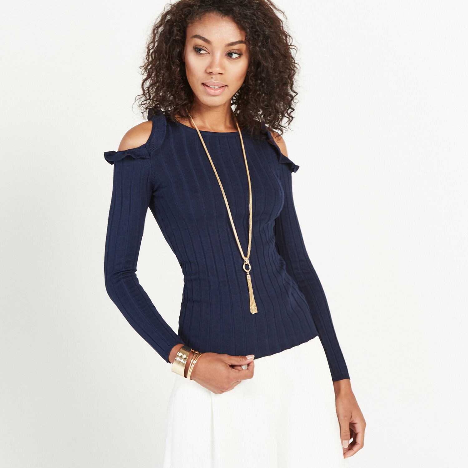 Ruffle Cold Shoulder Rib Jumper Apricot Clothing