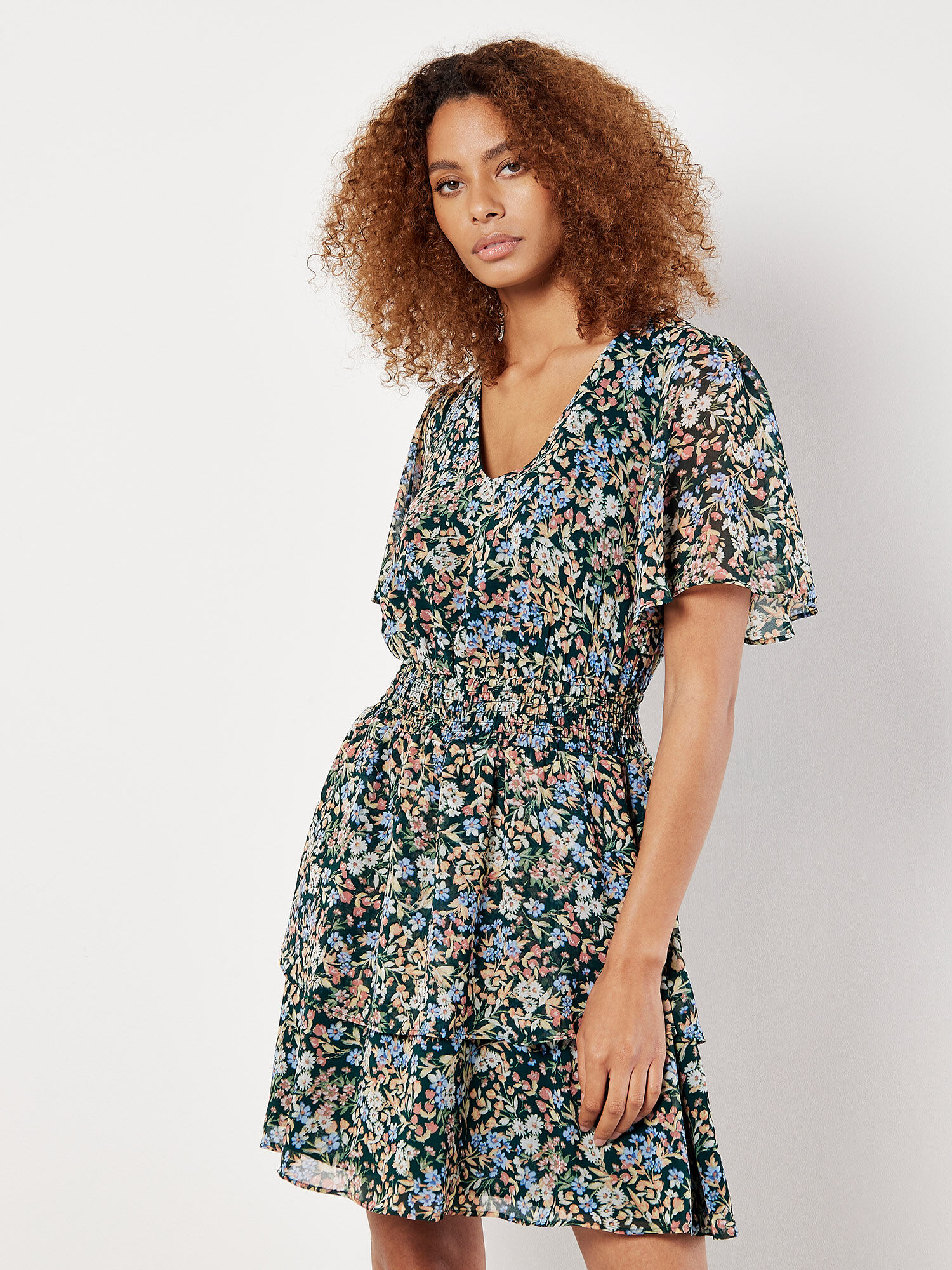 Ditsy Floral Chiffon Mini Dress Apricot Clothing