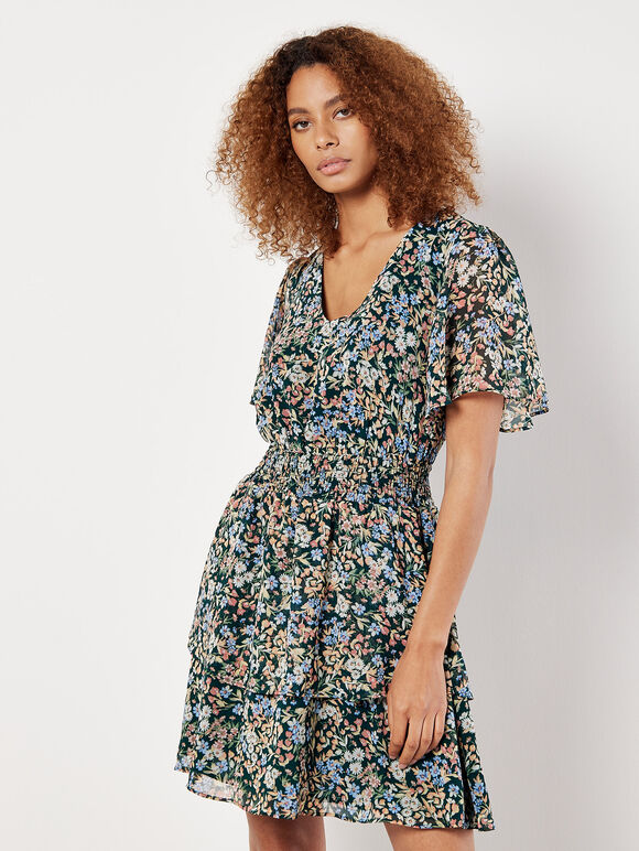 Ditsy Floral Chiffon Mini Dress, Green, large
