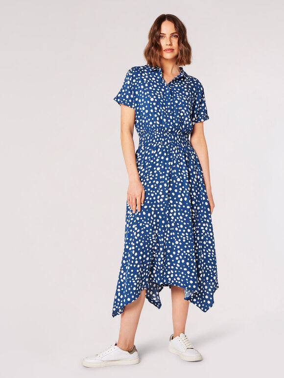 Painterly Dot Smocked Midi Dress, Blue, large