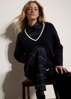 Cable Knit Tipped Cricket Jumper, Navy, large