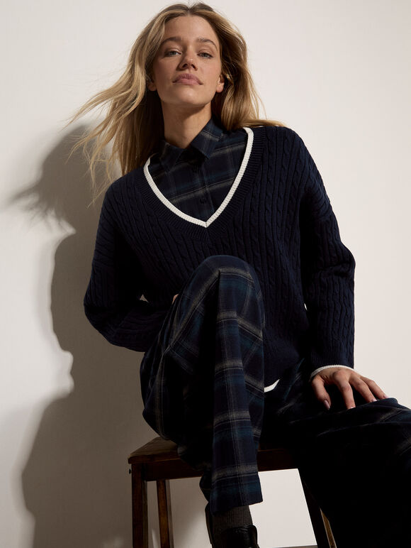 Cable Knit Tipped Cricket Jumper, Navy, large