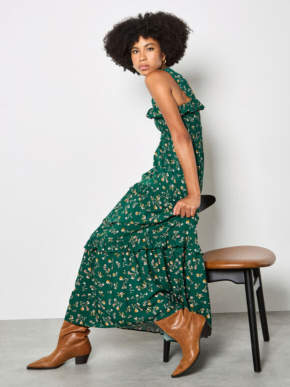 Ditsy Floral Smocked Maxi Dress, Green, large
