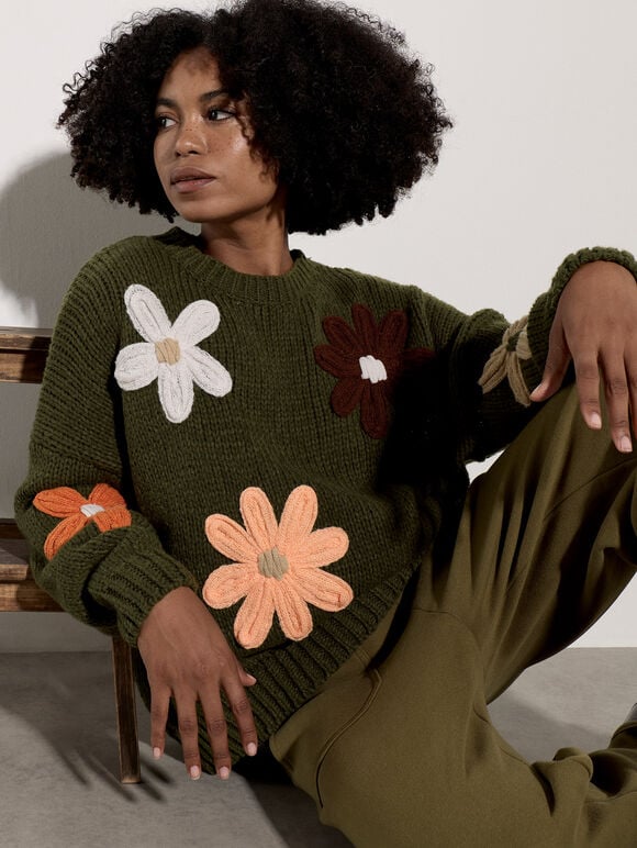 Embroidered Flower Jumper, Pine Green, large