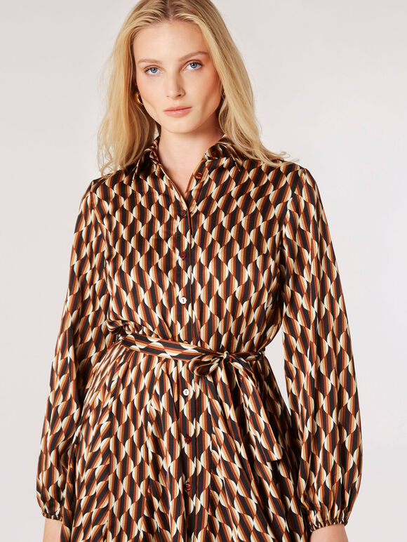 Geometric Satin Shirt Mini Dress, Rust, large