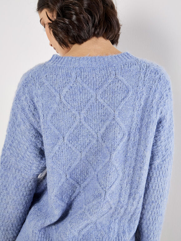 Iridescent Sequin Cable Knit Jumper, Blue, large