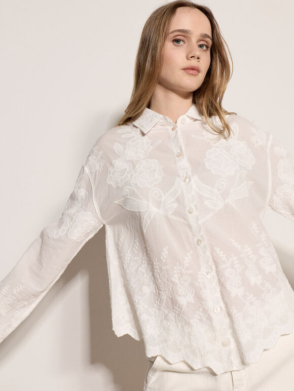 Embroidered Floral Cotton Shirt, White, large