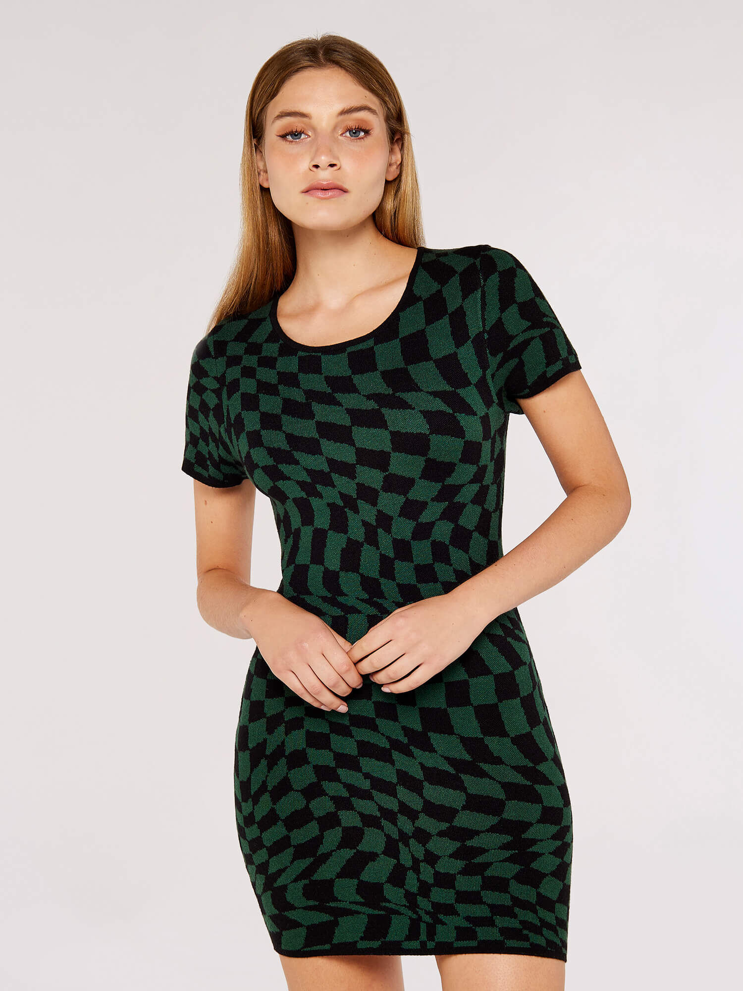 Check Bodycon Knit Dress Apricot Clothing