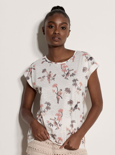 Parrot And Palm Print Slub T-Shirt
