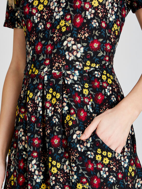 Black Ditsy Floral Print Dress, Black, large