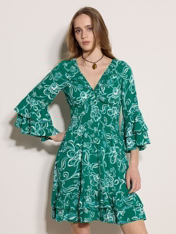 Floral Smocked Ruffle Mini Dress, Green, large