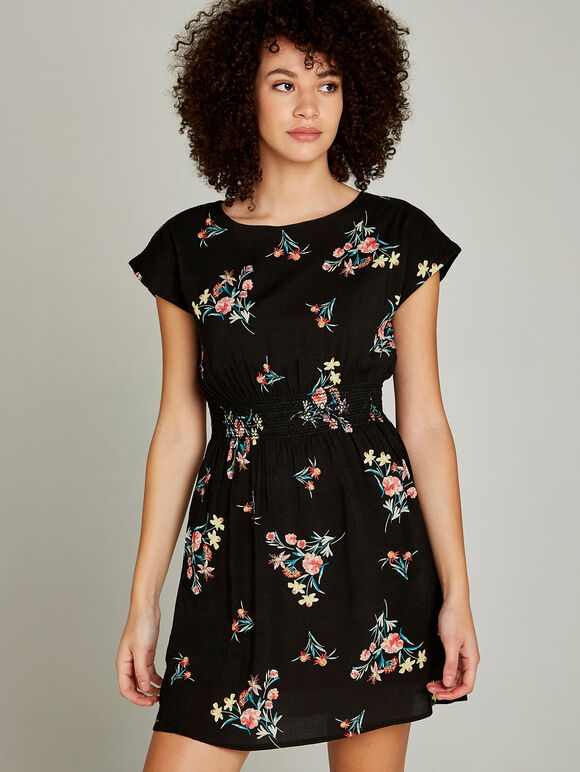 Black Floral Bunches Shirred Waist Dress, Black, large