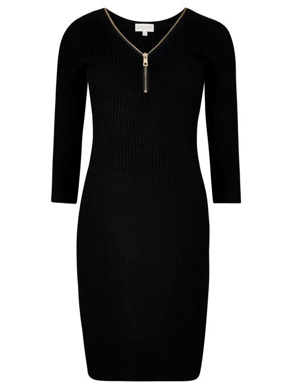 Black Ribbed Zip Front Knitted Dress, Black, large
