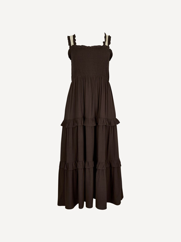 Tiered Lace Trim Midi Dress, Brown, large