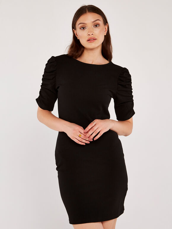 Ruched Sleeve Bodycon Dress, Black, large