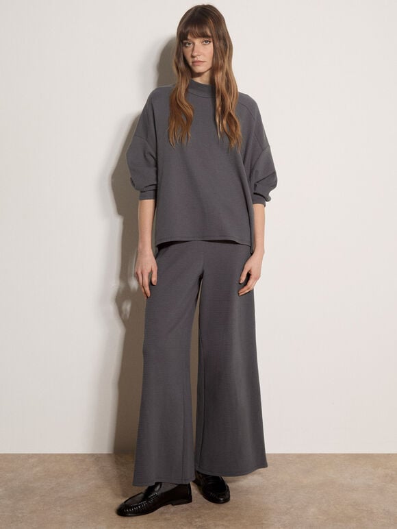 Waffle Jersey Knit Wide-Leg Joggers, Dark Grey/Charcoal, large