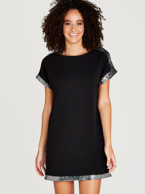Black Metallic Hem Detail Dress, Black, large