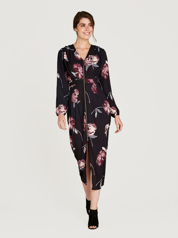 Pink Dahlia Print Zip Front Midi, Pink, large