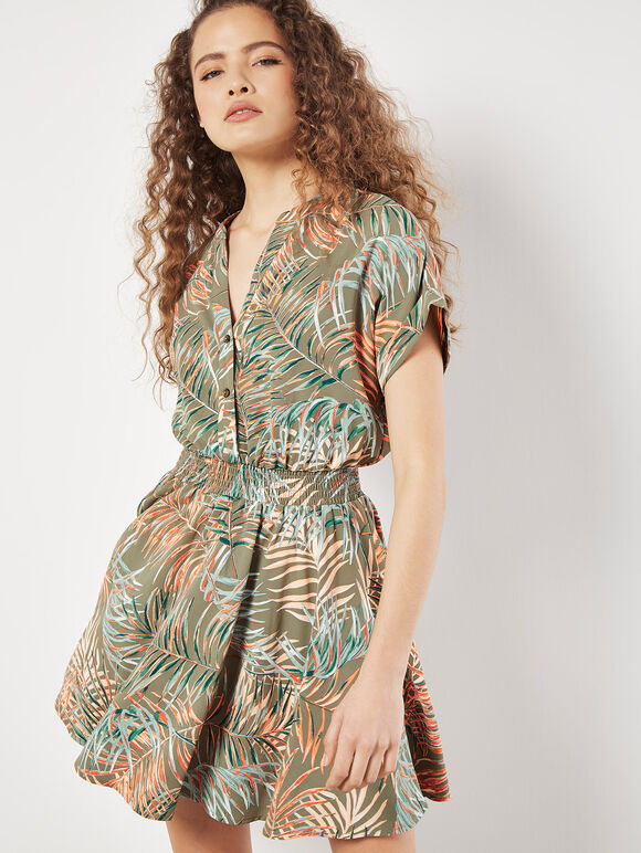 Tropical Leaf Print Smocked Mini Dress, Khaki, large