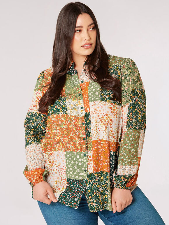 Curve Ditsy Patchwork Shirt, Green, large