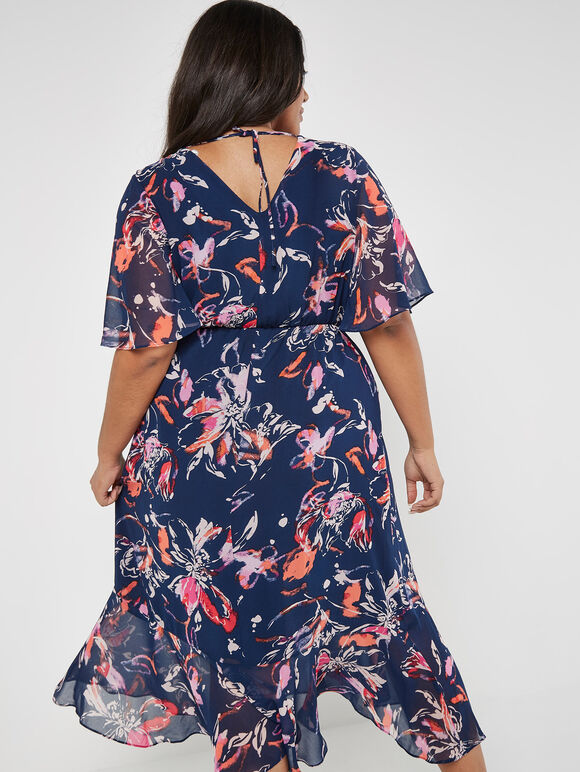 Curve Abstract Floral Wrap Midi Dress, Navy, large