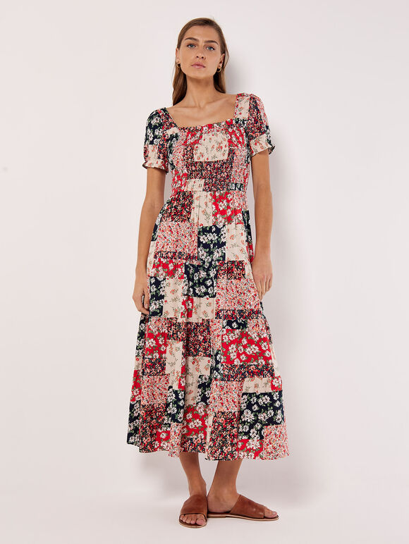 Daisy Patchwork Smocked Maxi Dress, Red, large