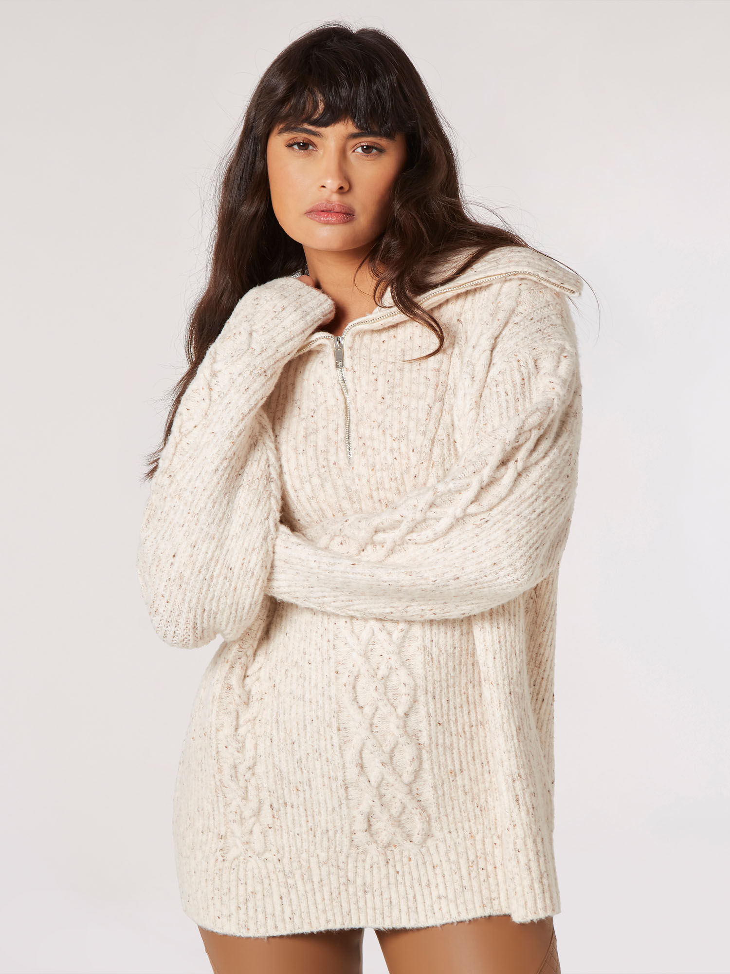 Chunky Cable Knit Zip Neck Jumper Apricot Clothing