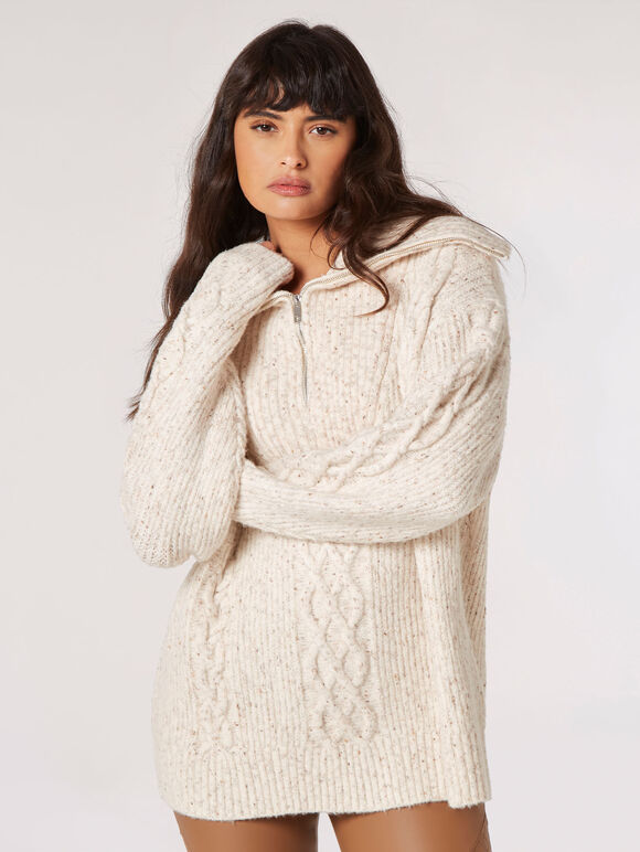 Chunky Cable Knit Zip Neck Jumper, Stone, large