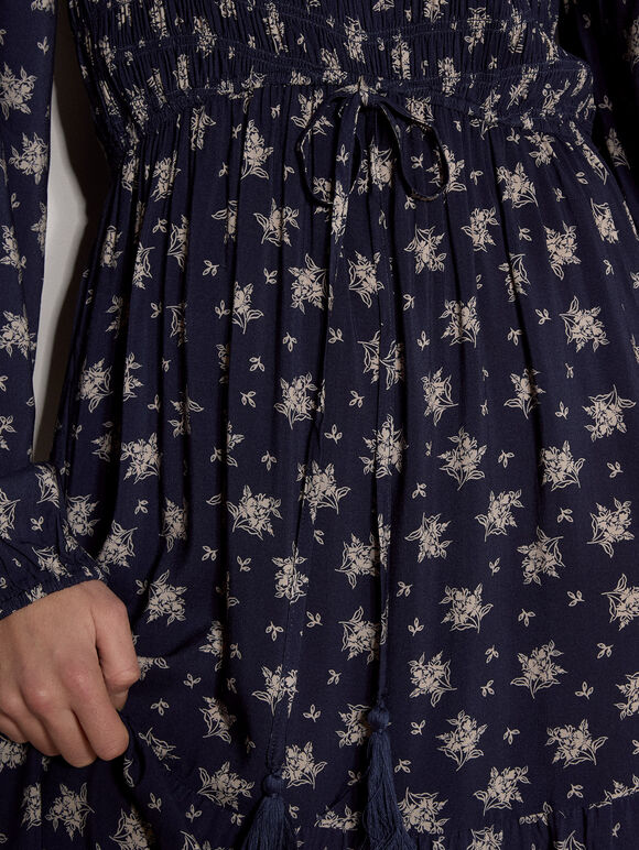 Smocked Floral Midi Dress, Navy, large