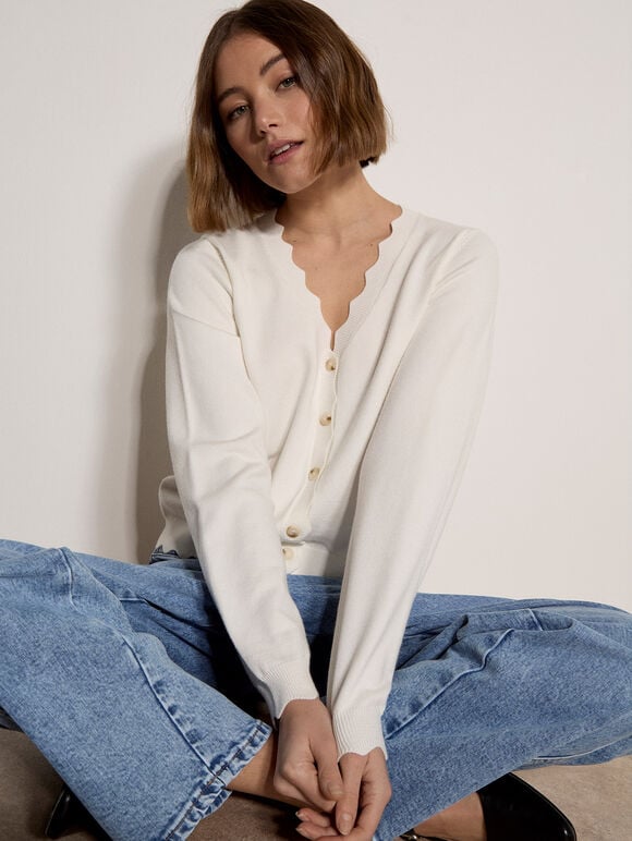 Scallop Hem Cardigan, Cream, large