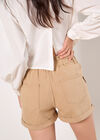 Ruched Denim Rolled Hem Shorts, Stone, large
