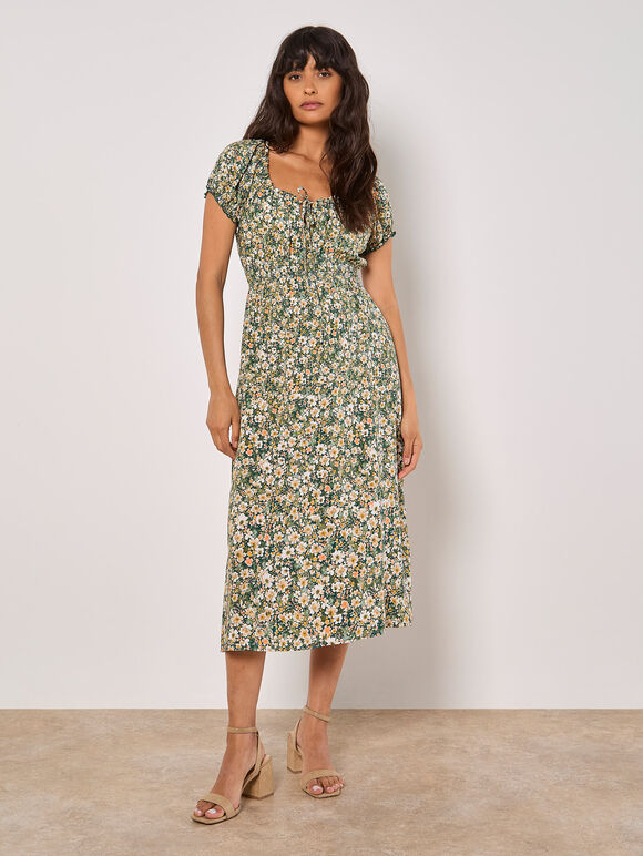 Watercolour Floral Milkmaid Midi Dress, Green, large