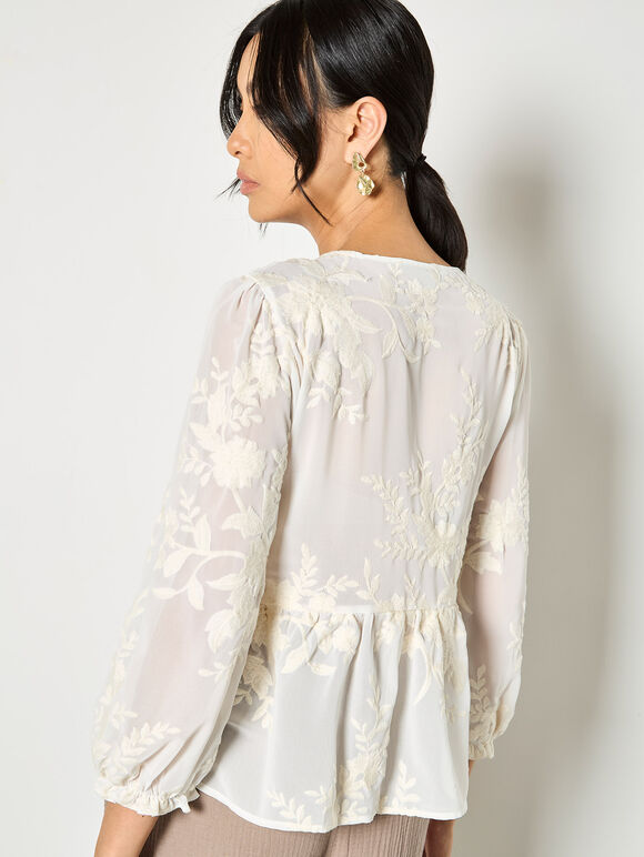 Embroidered Floral Chiffon Top, Cream, large