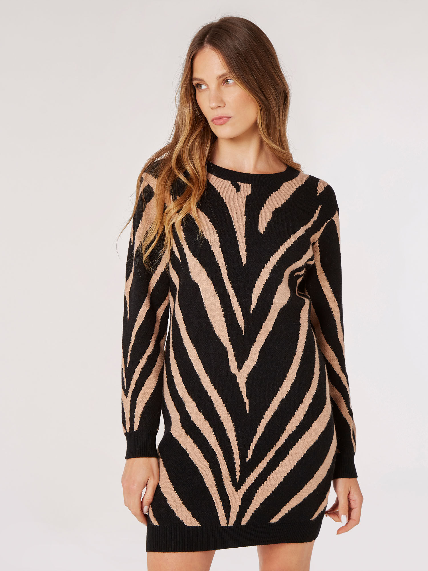 Zebra Jumper Mini Dress Apricot Clothing