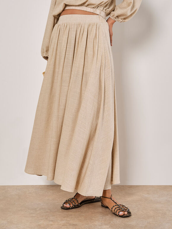 Linen Pleated Midi Skirt, Stone, large