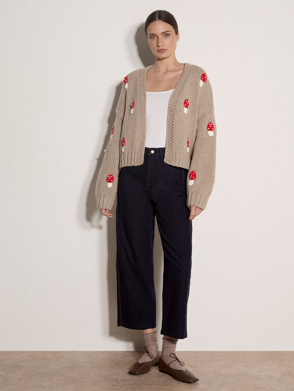 Mushroom Appliqu&eacute; Chunky Knit Cardigan, Brown, large