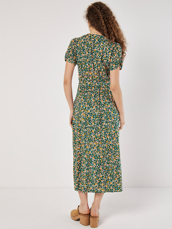 Ditsy Floral Decorative Button Midi Dress, Green, large