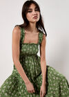 Orchid Print Smocked Midi Dress, Green, large
