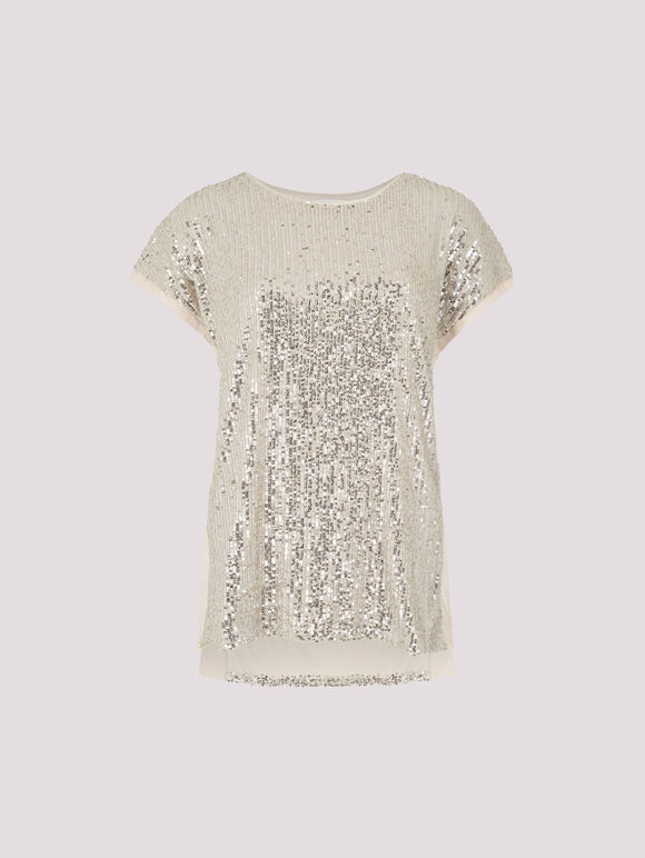 Sequin Embellished T-Shirt, Stone, large