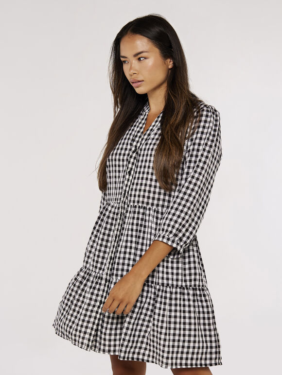 Checked Tiered Mini Dress, Black, large