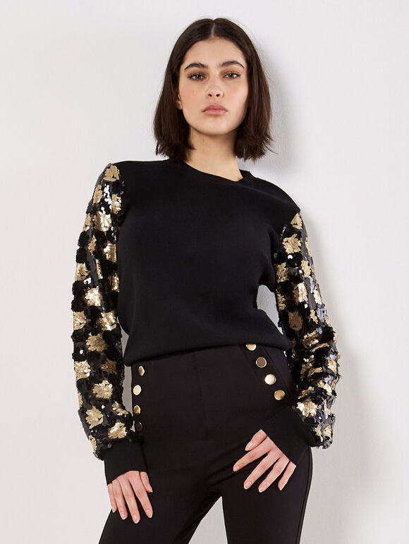 Sequin Arm Embellished Jumper, Black, large