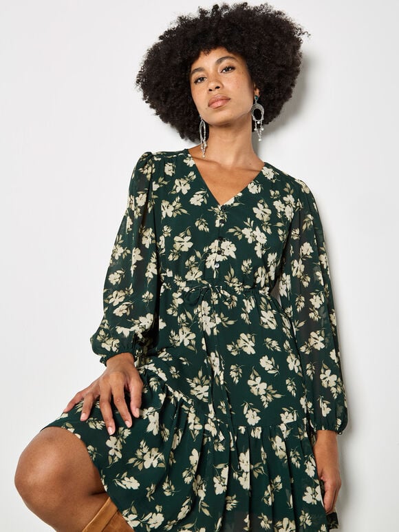 Chiffon Floral Print Mini Dress, Green, large