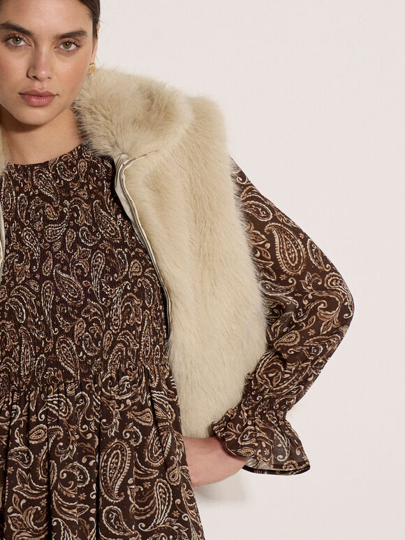 Paisley Chiffon Mini Dress, Brown, large