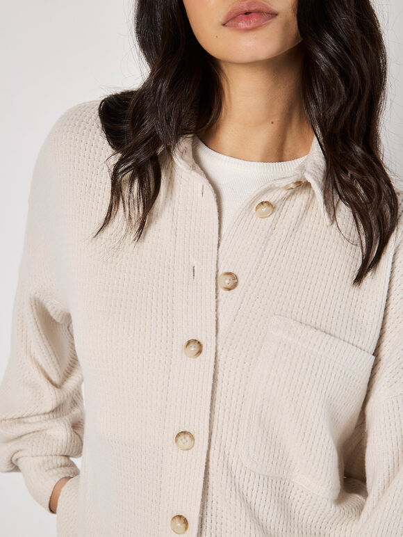 Oversized Waffle Knit Shirt, Stone, large